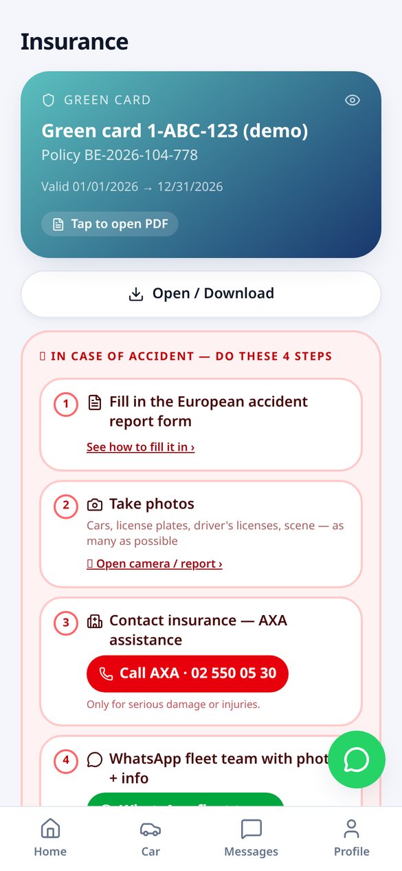 DriverHub insurance screen with green card, documents and an assistance call button