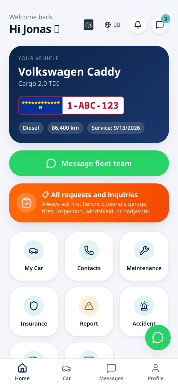 DriverHub driver app home screen with vehicle card, plate, mileage and quick contacts