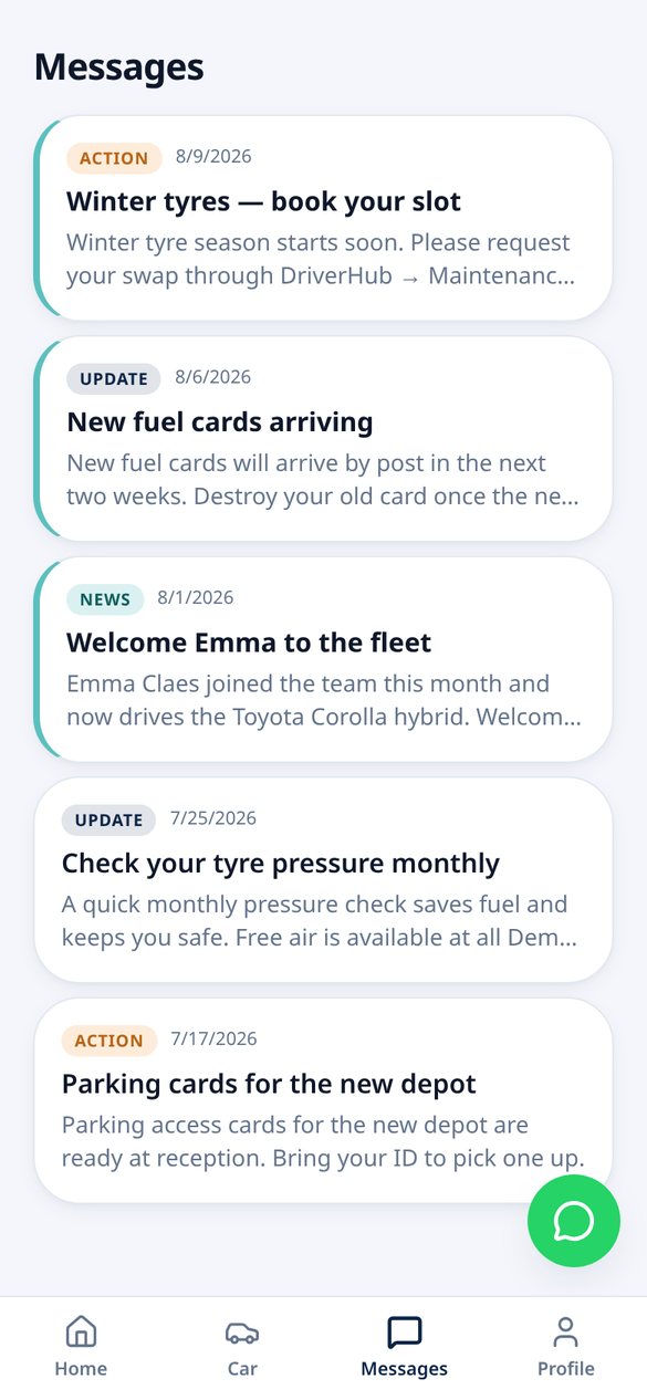 DriverHub company messages inbox with push notification